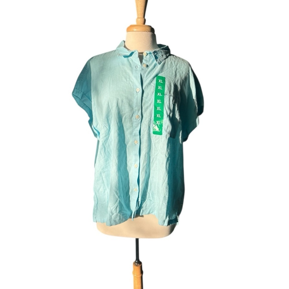 New Orvis Light Blue Short Sleeve Linen Blouse Size XL